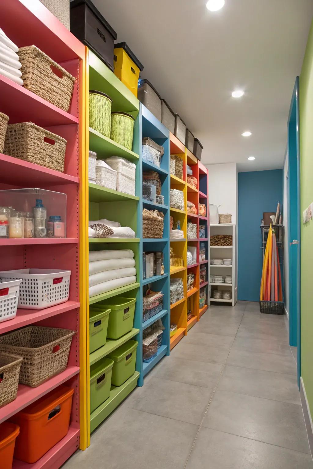 A vibrant touch is introduced to your storage area with painted shelves.