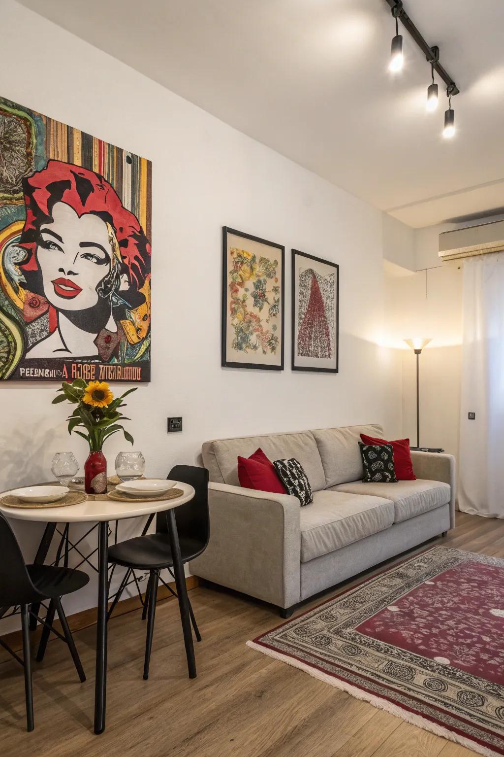 A key aesthetic adds character to a studio apartment.