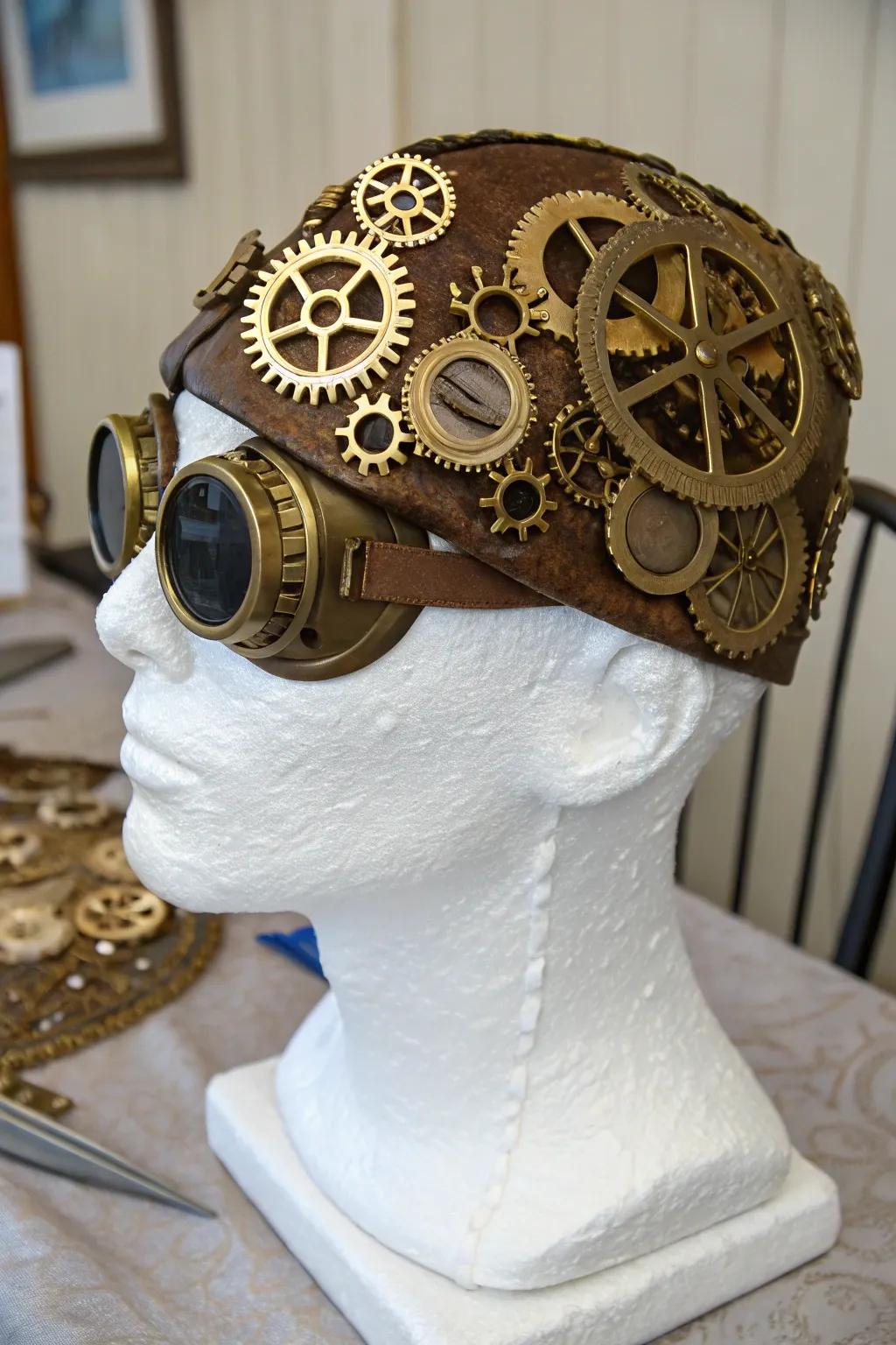 A steampunk head that merges vintage and futuristic aesthetics.