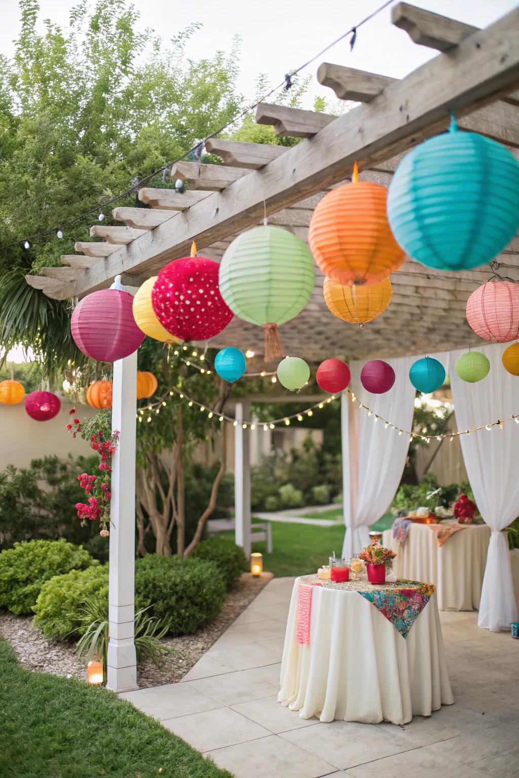 A festive sukkah with whimsical paper lanterns adding a pop of color.
