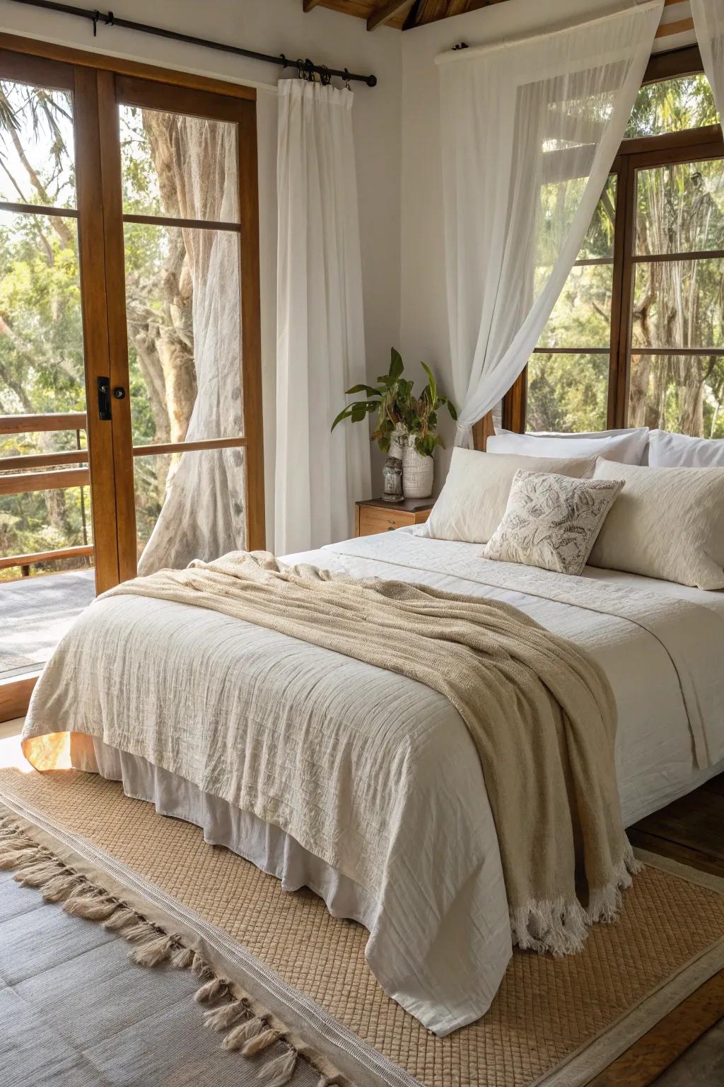 Breezy cotton and linen textiles keep summer nights cool and comfortable.