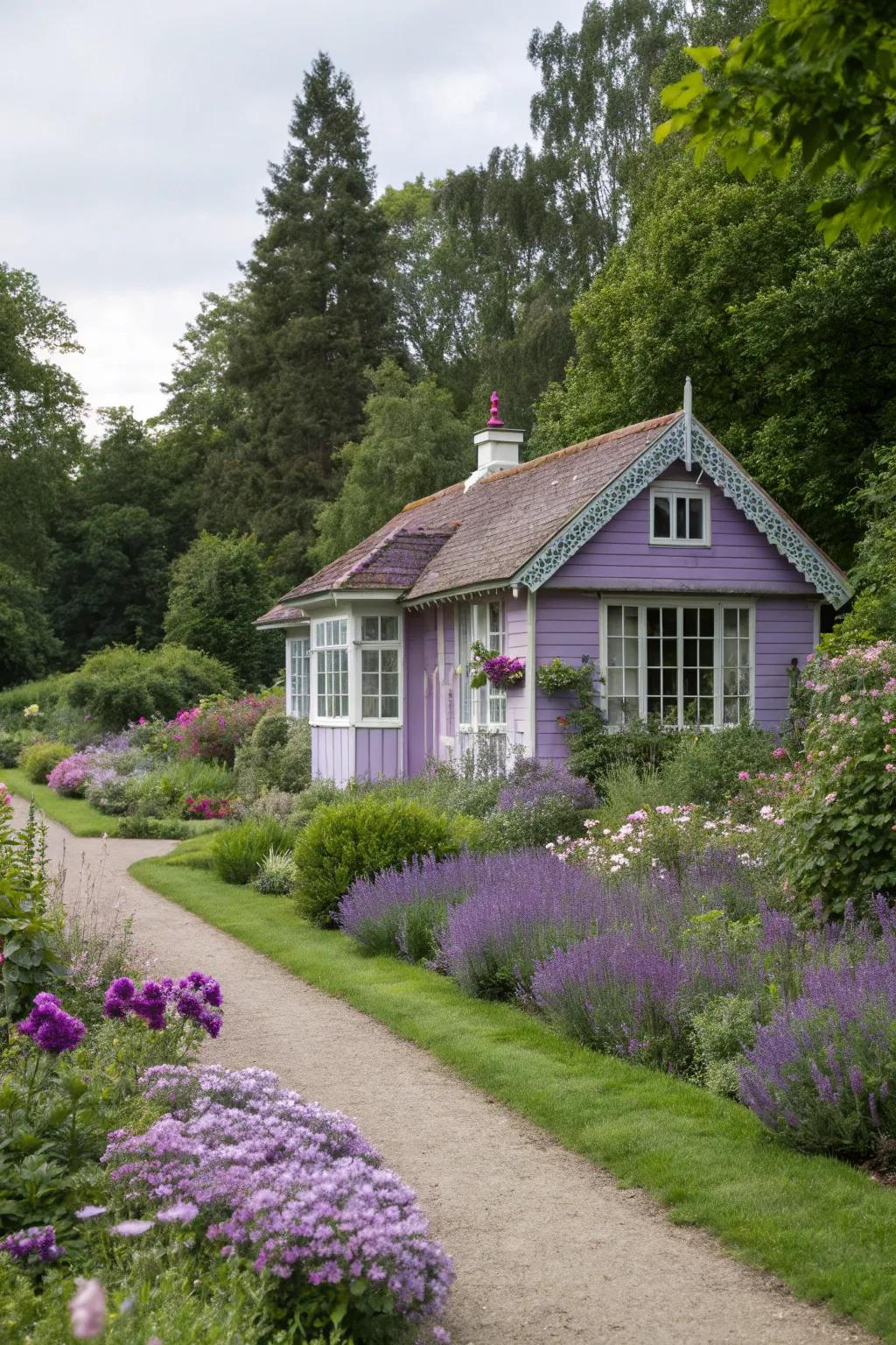 A soothing lilac summer house, perfect for unwinding in the garden.