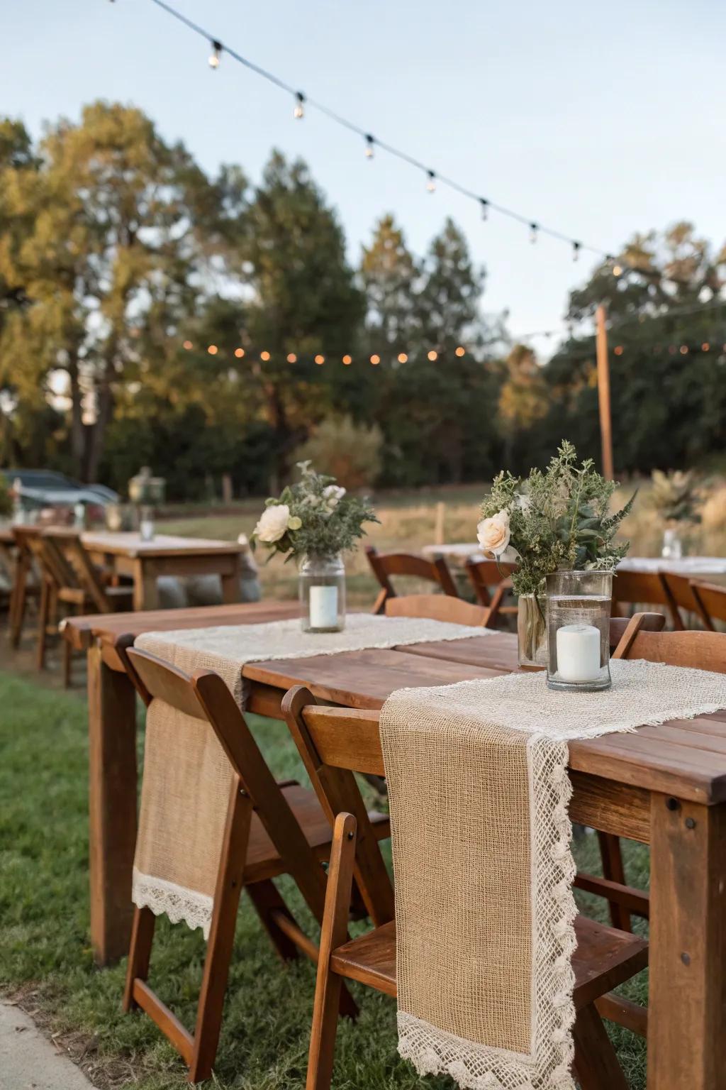 A woodsy table arrangement featuring wooden tables and canvas table runners.