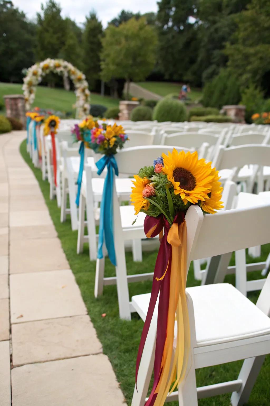 Chairs elegantly embellished with sunshine blooms at a marriage.