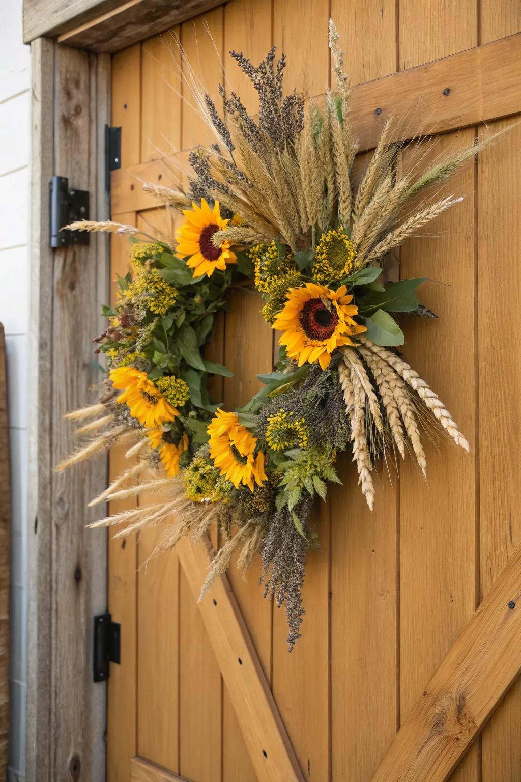 An earthy harvest wreath featuring sunflowers and wheat.