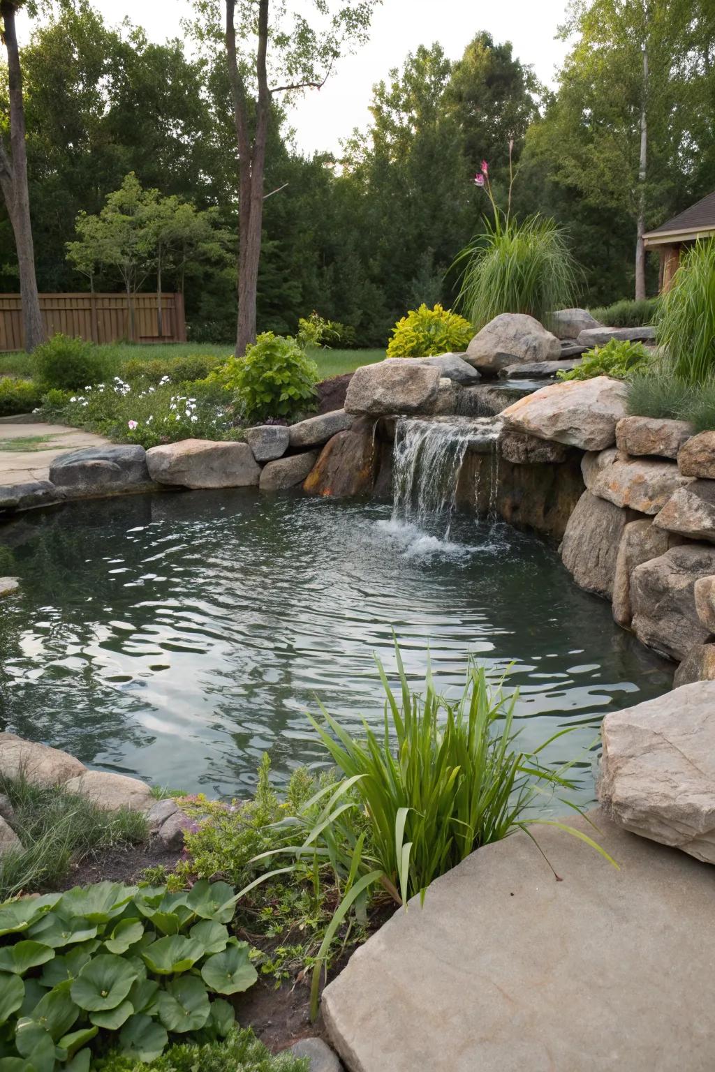 A waterfall feature adds soothing sounds and visual interest.