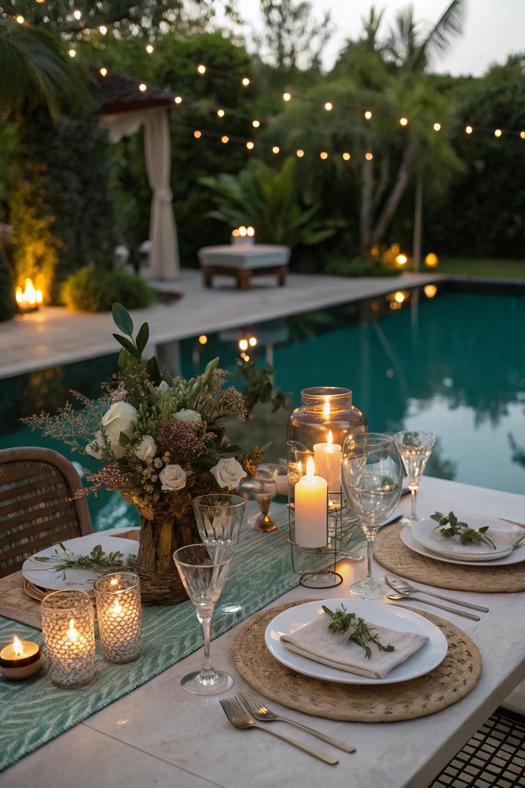 A poolside arrangement provides a relaxing and scenic backdrop.
