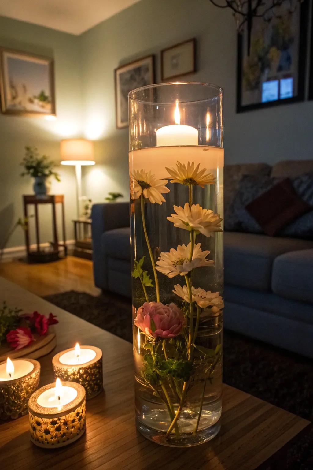 A tall glass vase metamorphosed into an illumination support, emitting an intimate luminosity inside a dimmed room.