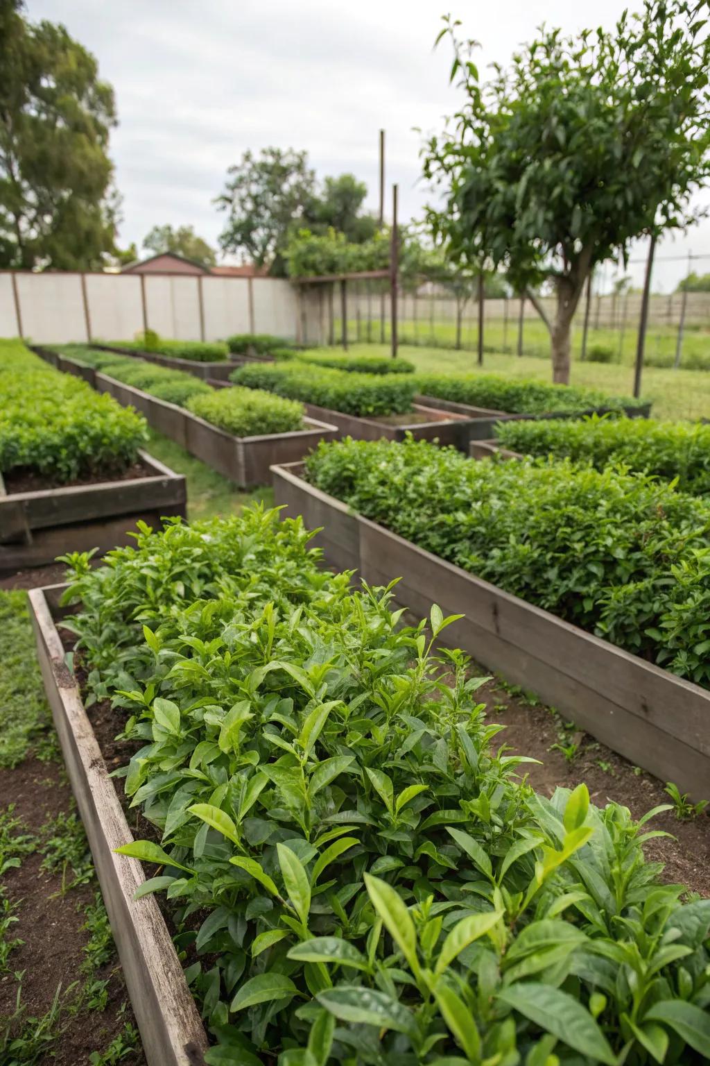 Ergonomic beds provide straightforward access and organization for your tea garden.