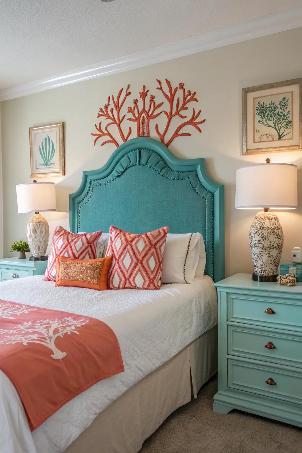 Sea-green headboard with sunset-orange features makes a daring statement.