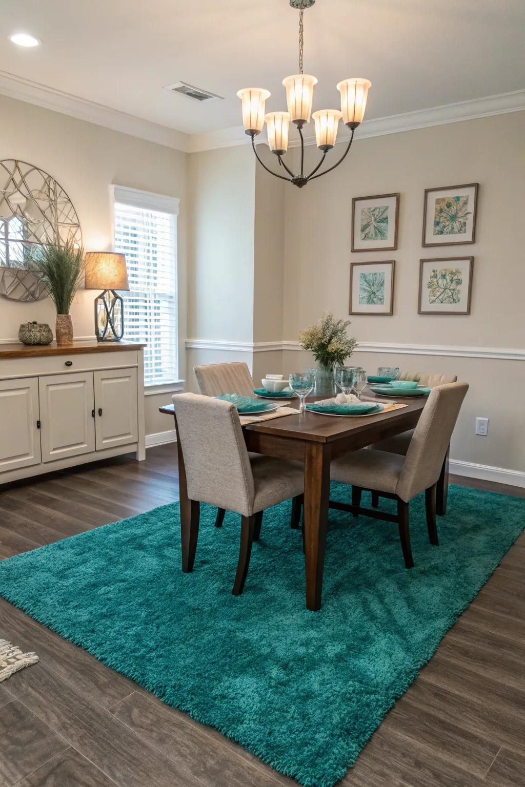 A teal floor covering anchors the dining space