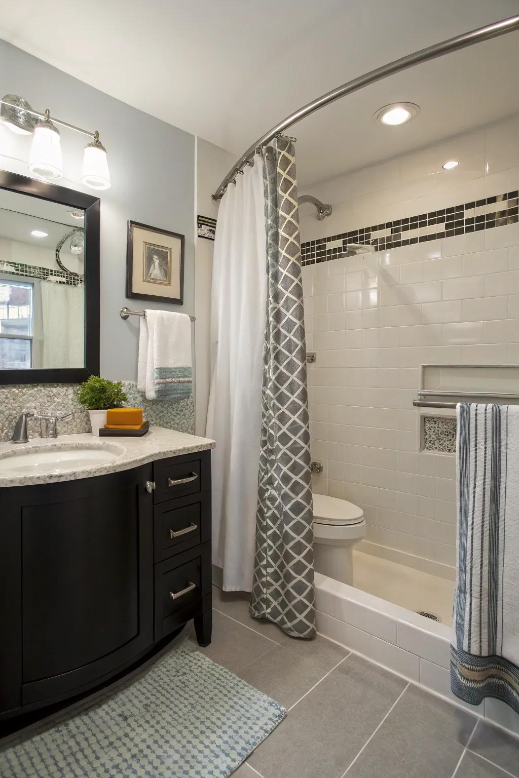 A curved shower rod adds luxury and space to the shower.