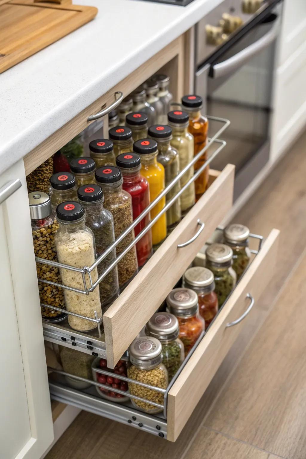 In a convenient pull-out rack, spices are neatly arranged.
