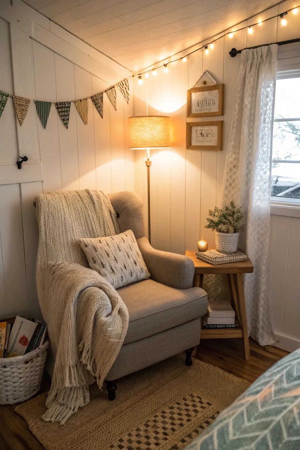 A cozy reading nook offering a personal retreat in the small bedroom.