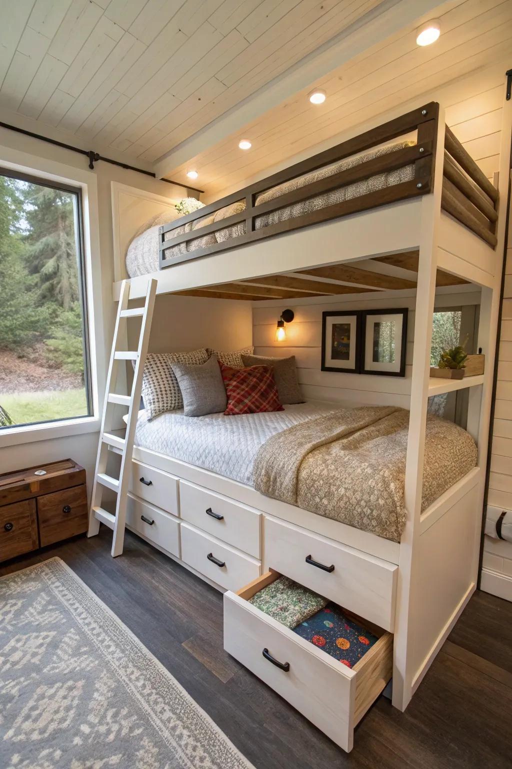 Bunk beds with under-bed storage in a tiny home