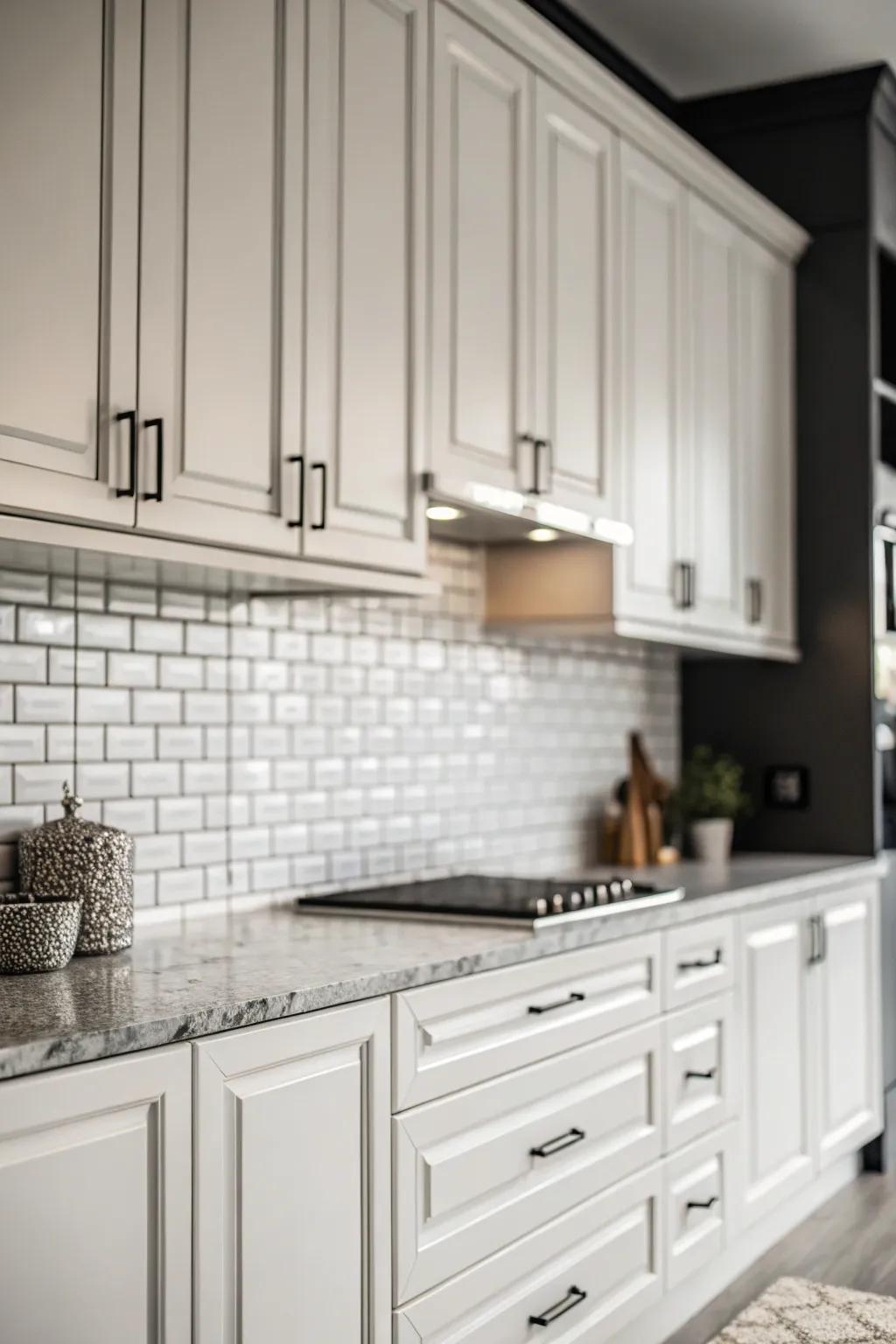 Create a bold statement with monochrome decor above your cabinets.