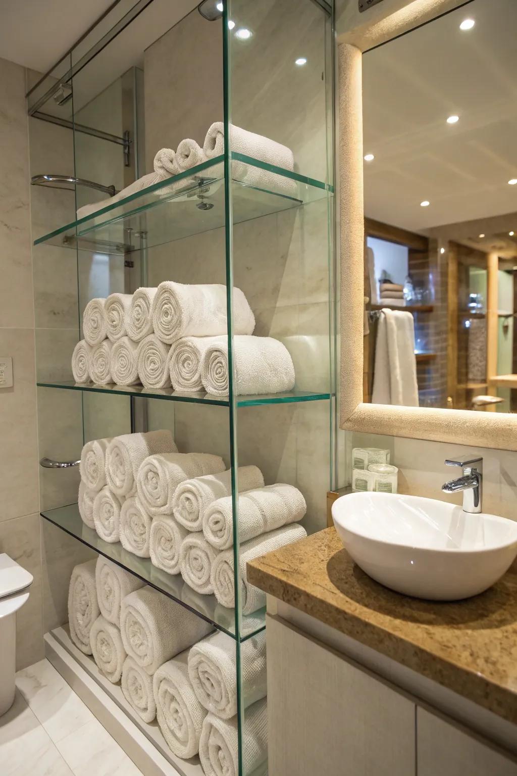 Glass shelving adds a modern touch to storing towels in small bathrooms.
