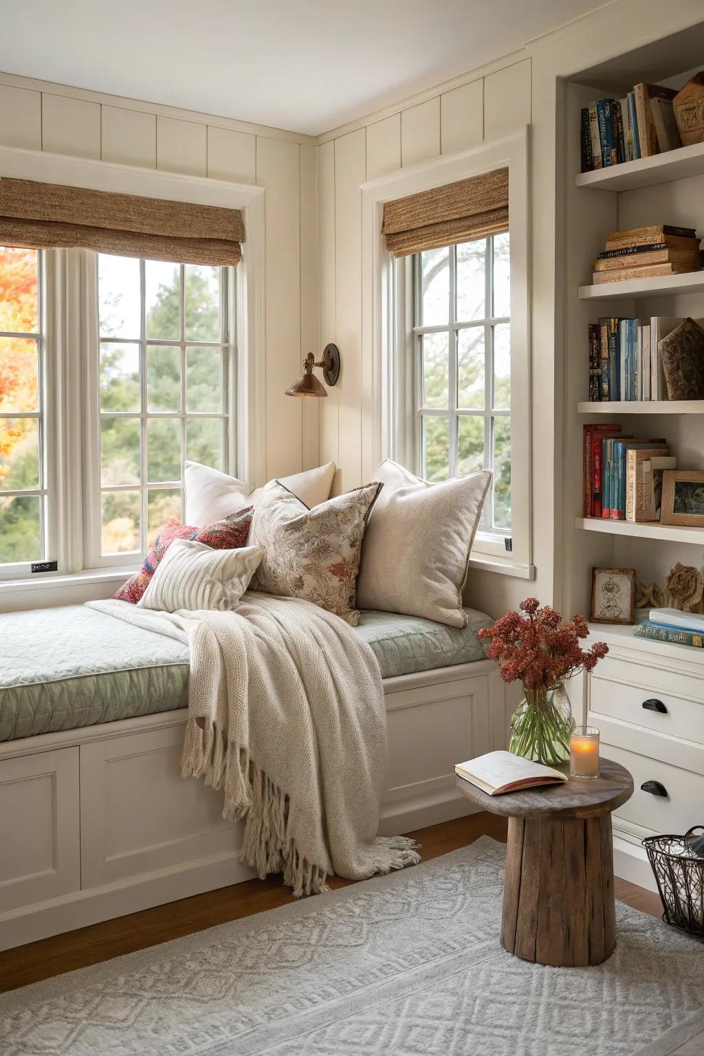 A window seat enhances comfort and charm.