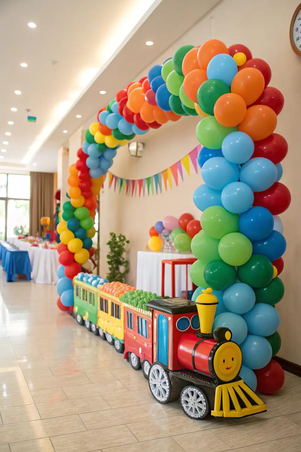 A balloon garland locomotive adds a pop of fun.
