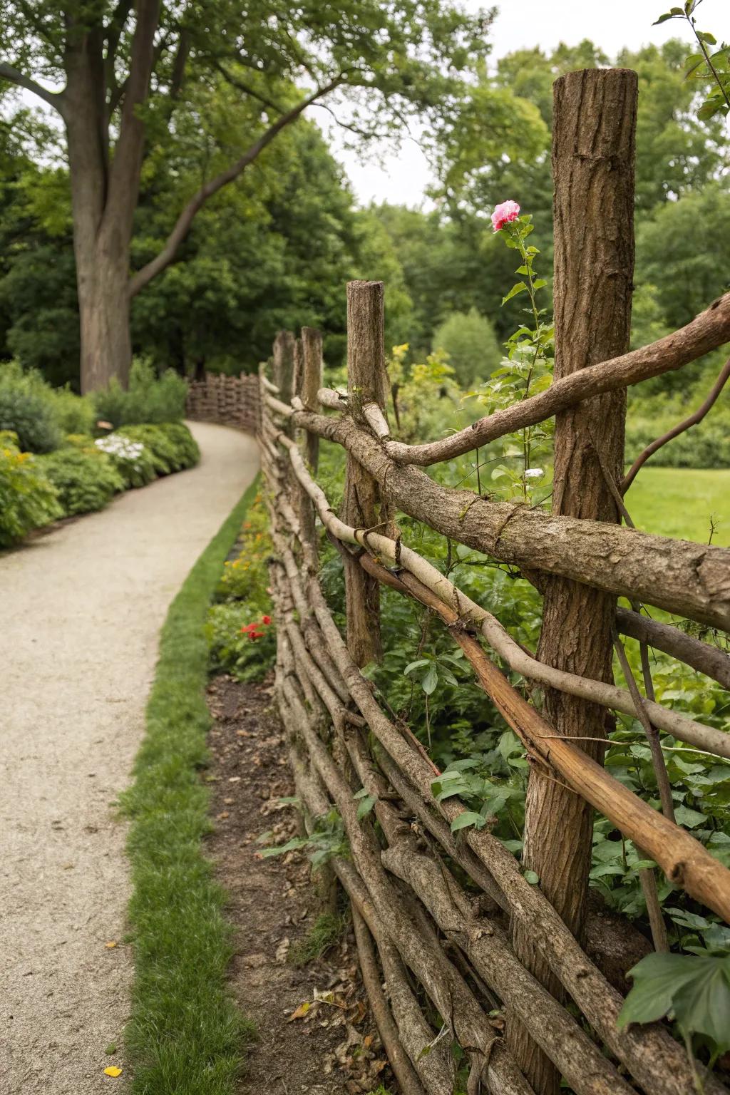 Intertwined branches and logs for a natural fence.