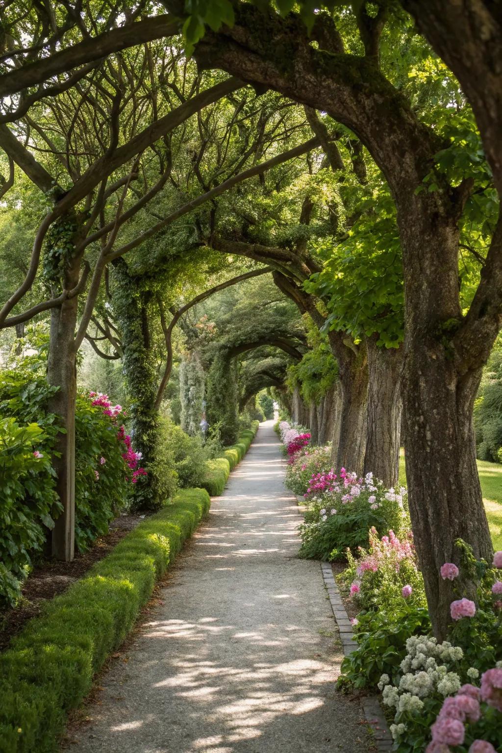 Guide guests using a tree-framed garden walkway.