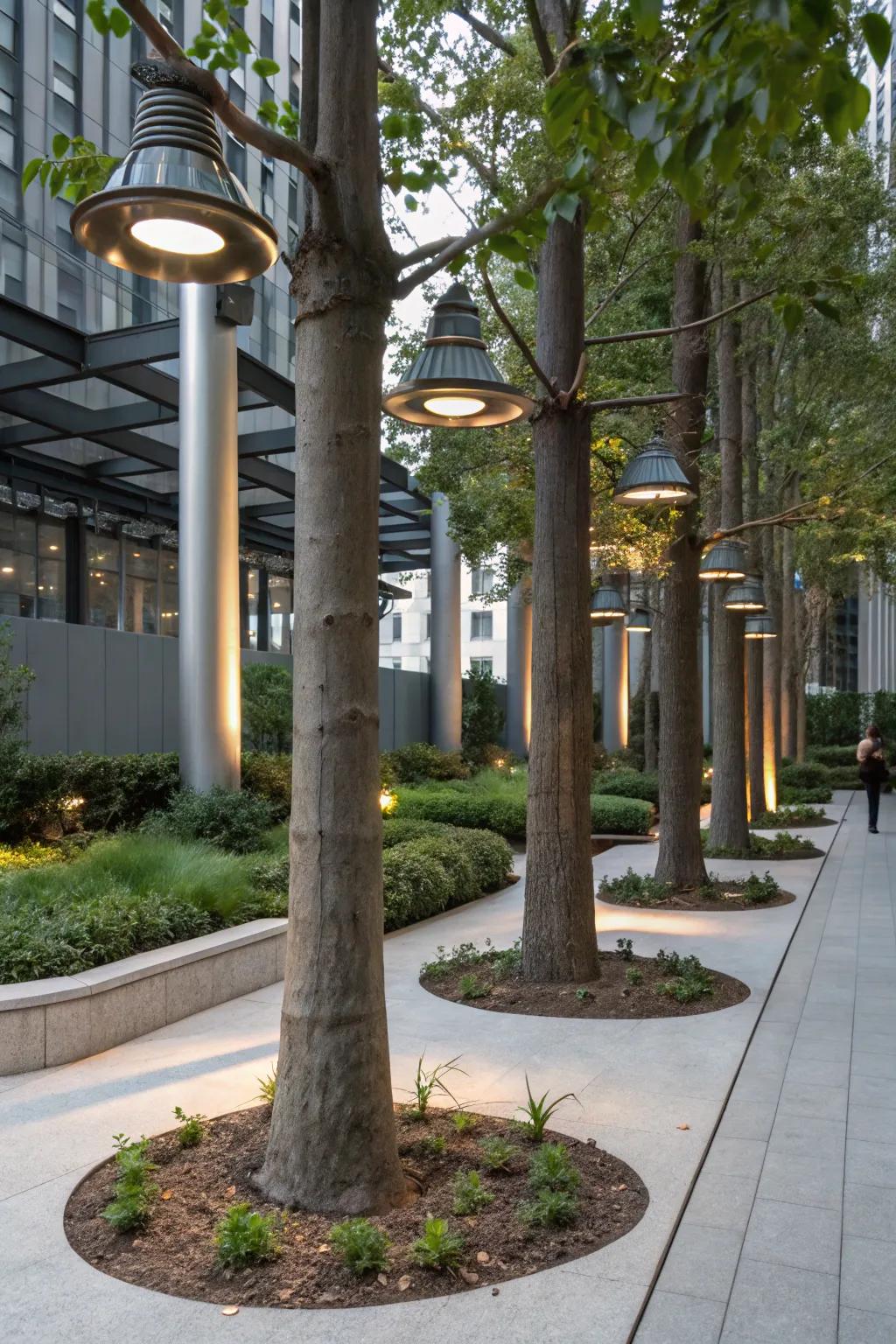 Metallic setups infuse industrial chic into tree illumination.