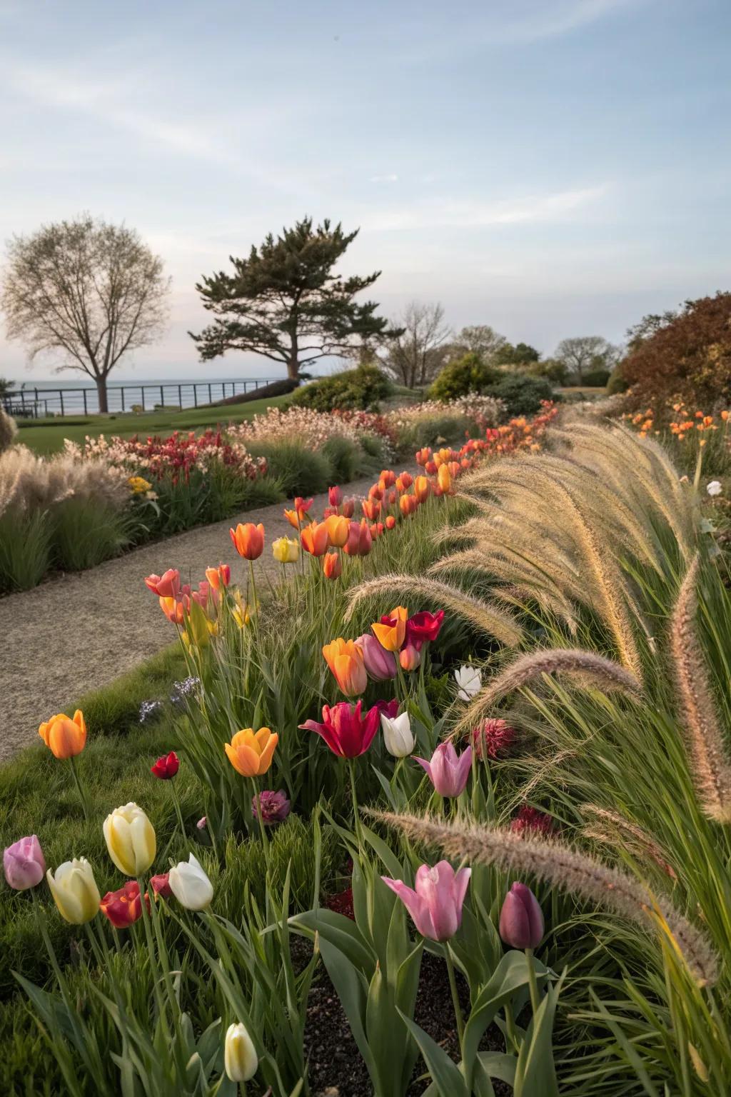 Dynamic forms: Tulips side by side with grasses.