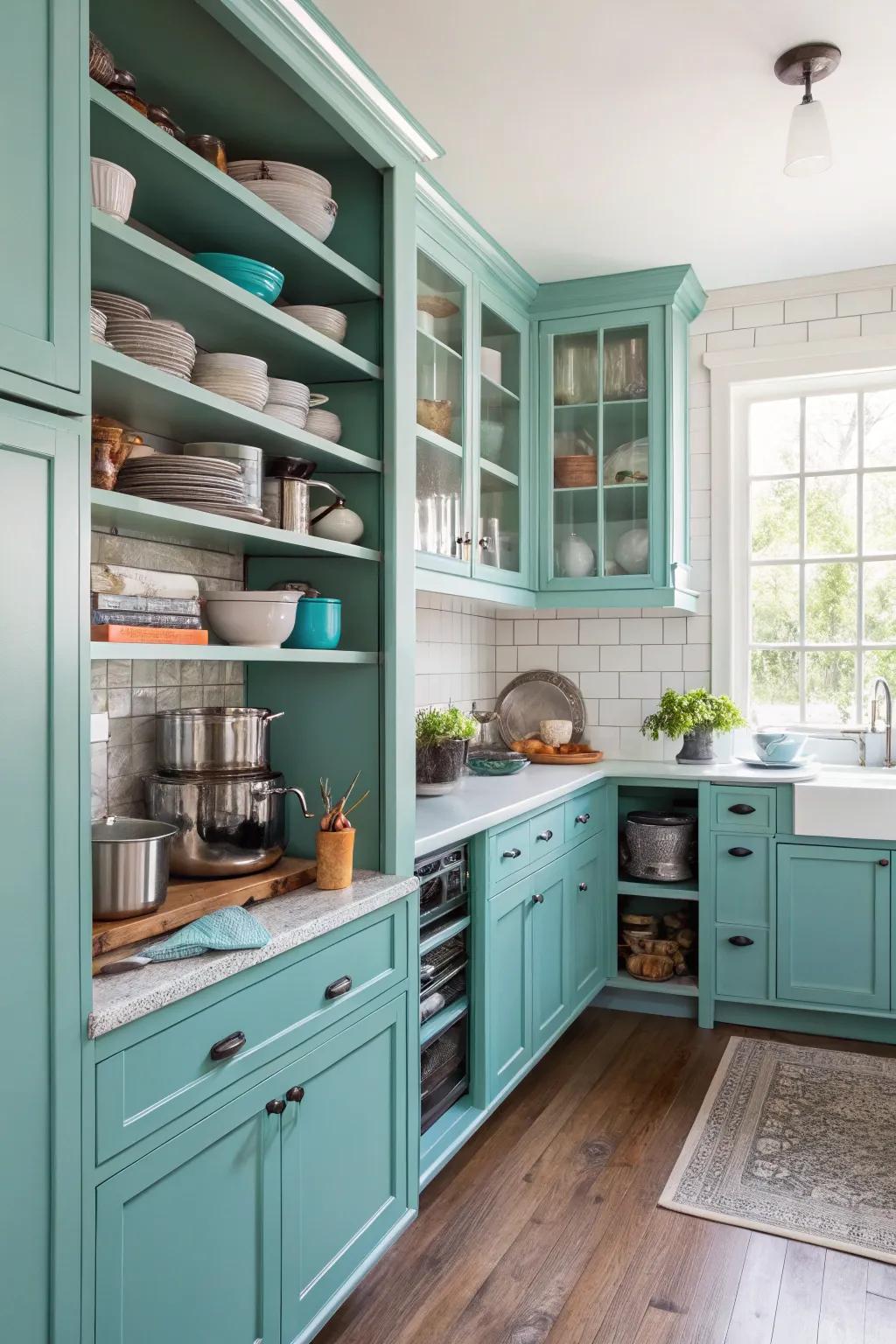 Uncovered shelving adding functionality to a turquoise kitchen design.