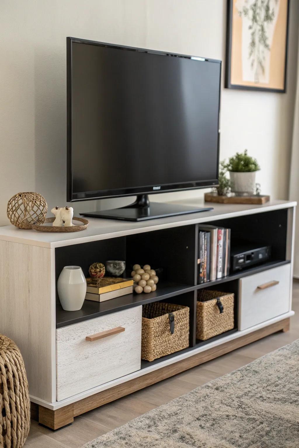 Floating stands give the illusion of greater space coupled with contemporary elegance.