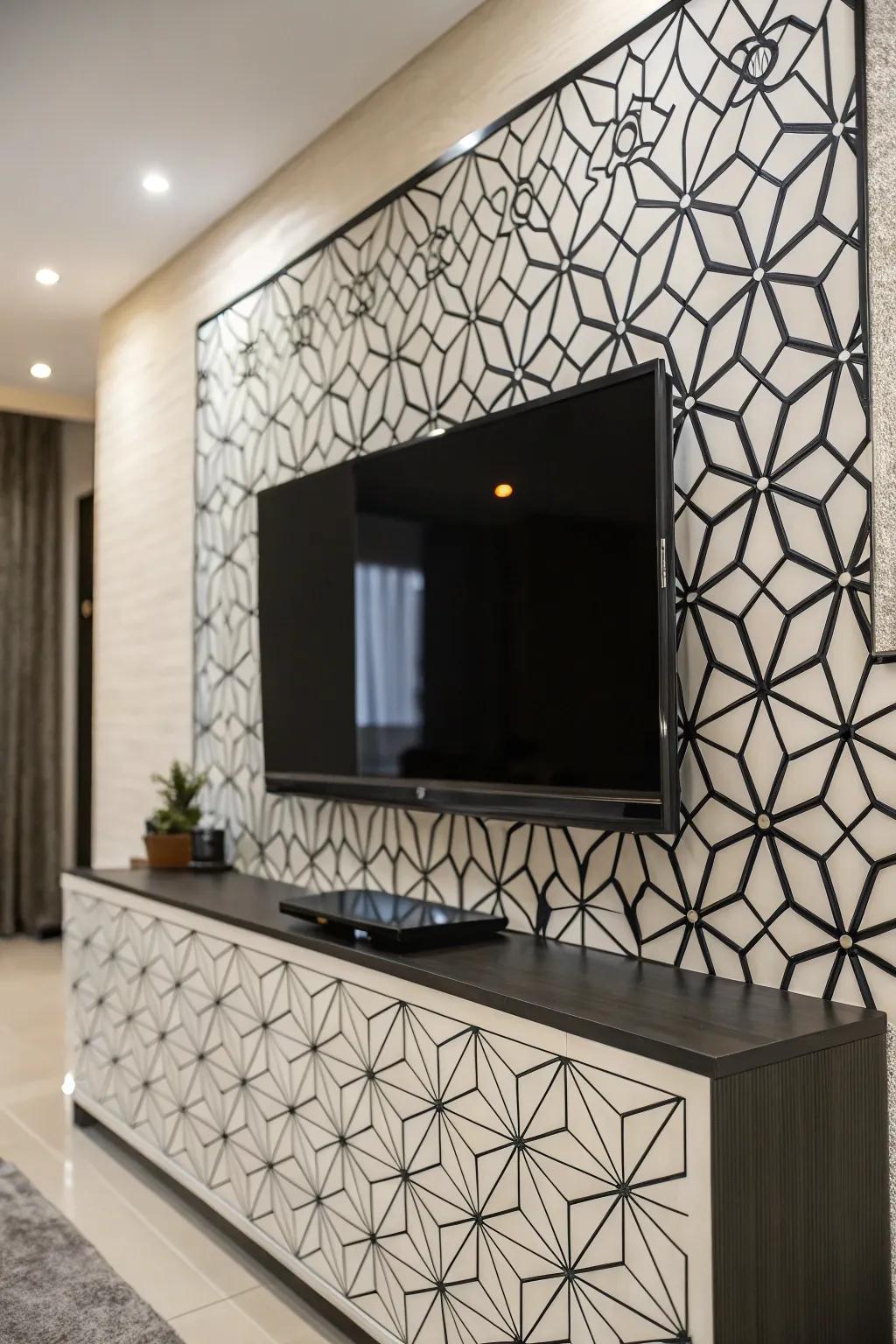 Geometric motifs infuse this TV wall with contemporary flair.
