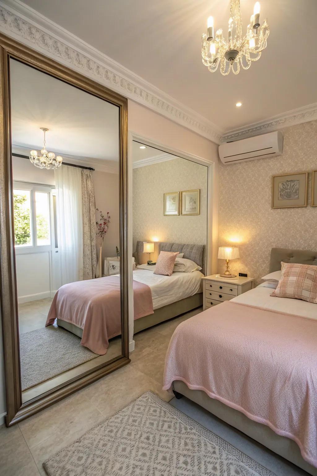 Mirrors improve light and space in the shared bedroom.