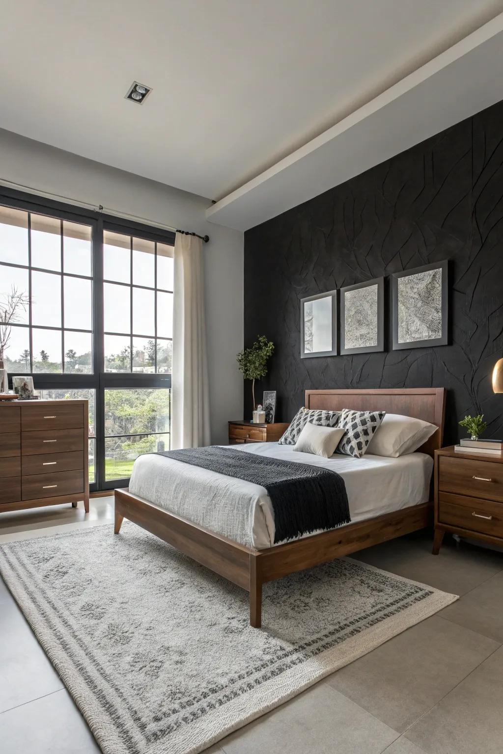A chic bedroom featuring ebony and white walls, embodying timeless elegance.