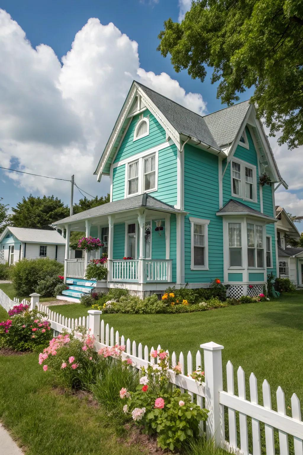 The playful and whimsical touch of turquoise and white siding.