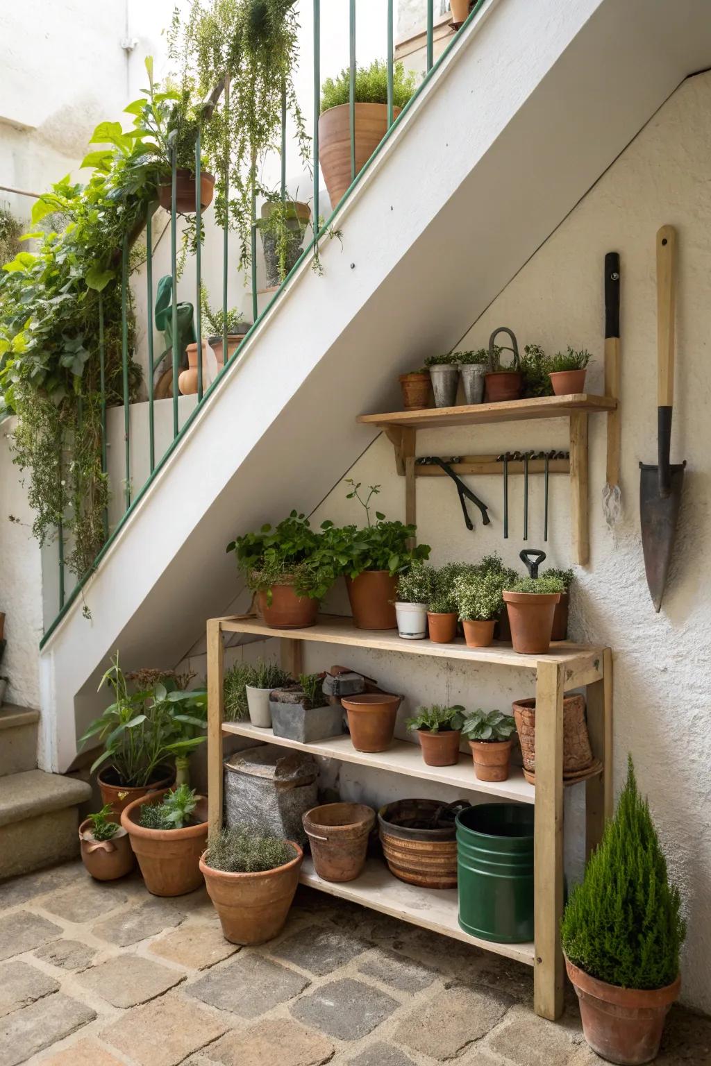 A gardening area beneath the staircase for plant enthusiasts.