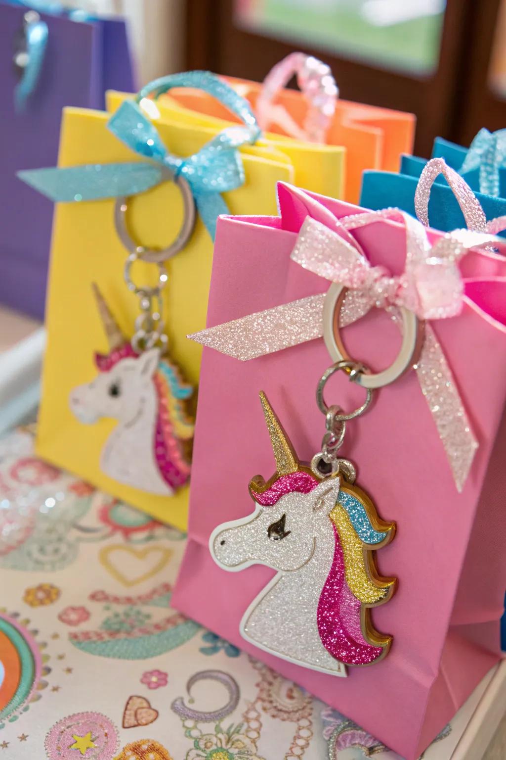 Sparkly unicorn keychains adding a bit of marvelousness.