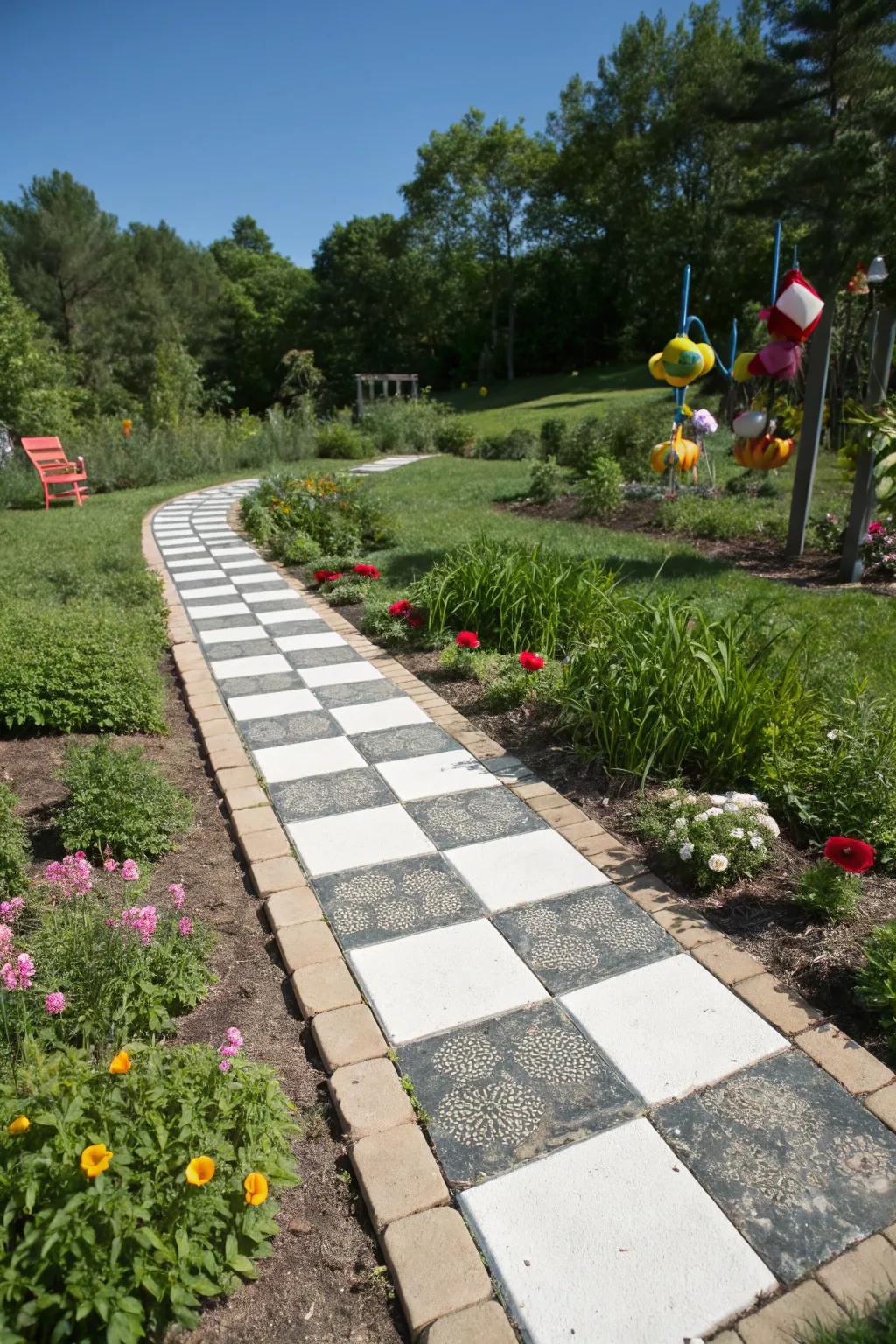 Draftboard paths impart a playful and dynamic pattern to garden design.