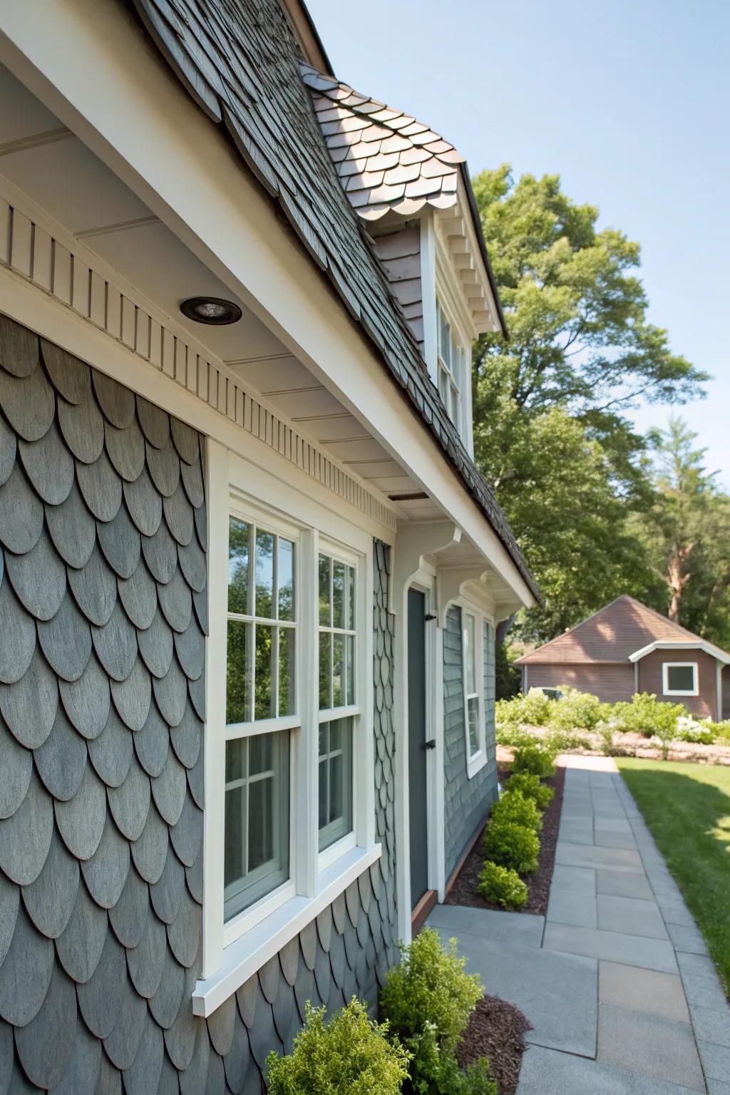 A home exterior featuring decorative scalloped shingles.