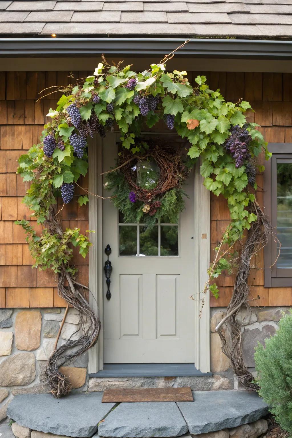 Grapevines and berries bring vineyard charm to your entryway.