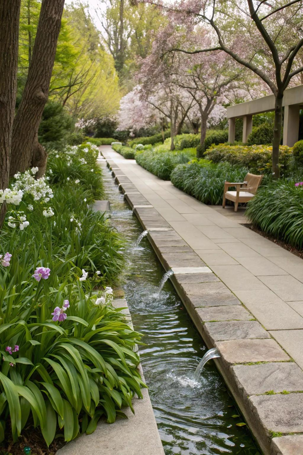 Route water elements guide with soothing acoustics.
