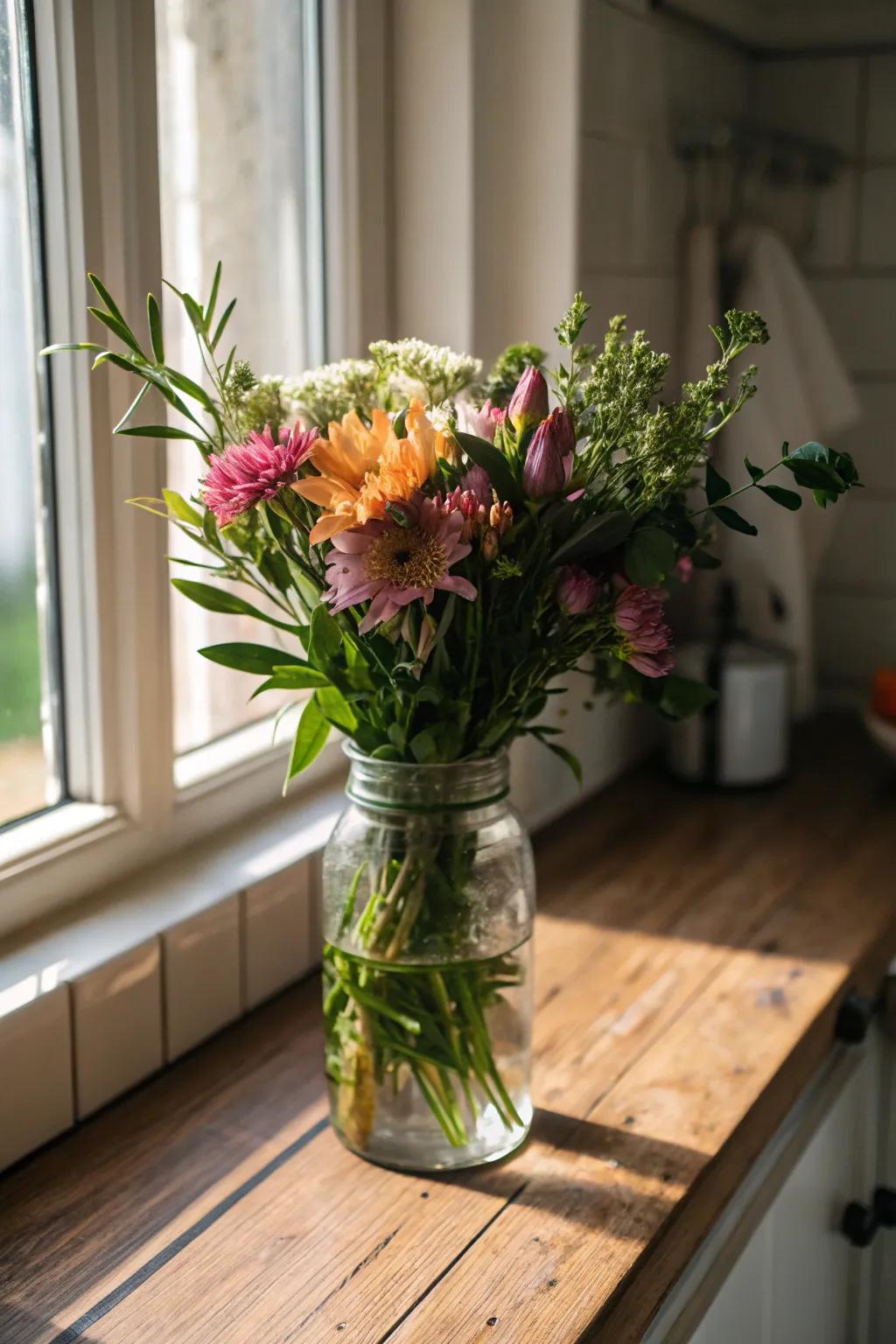 Floral arrangement in an eco-friendly glass jar.