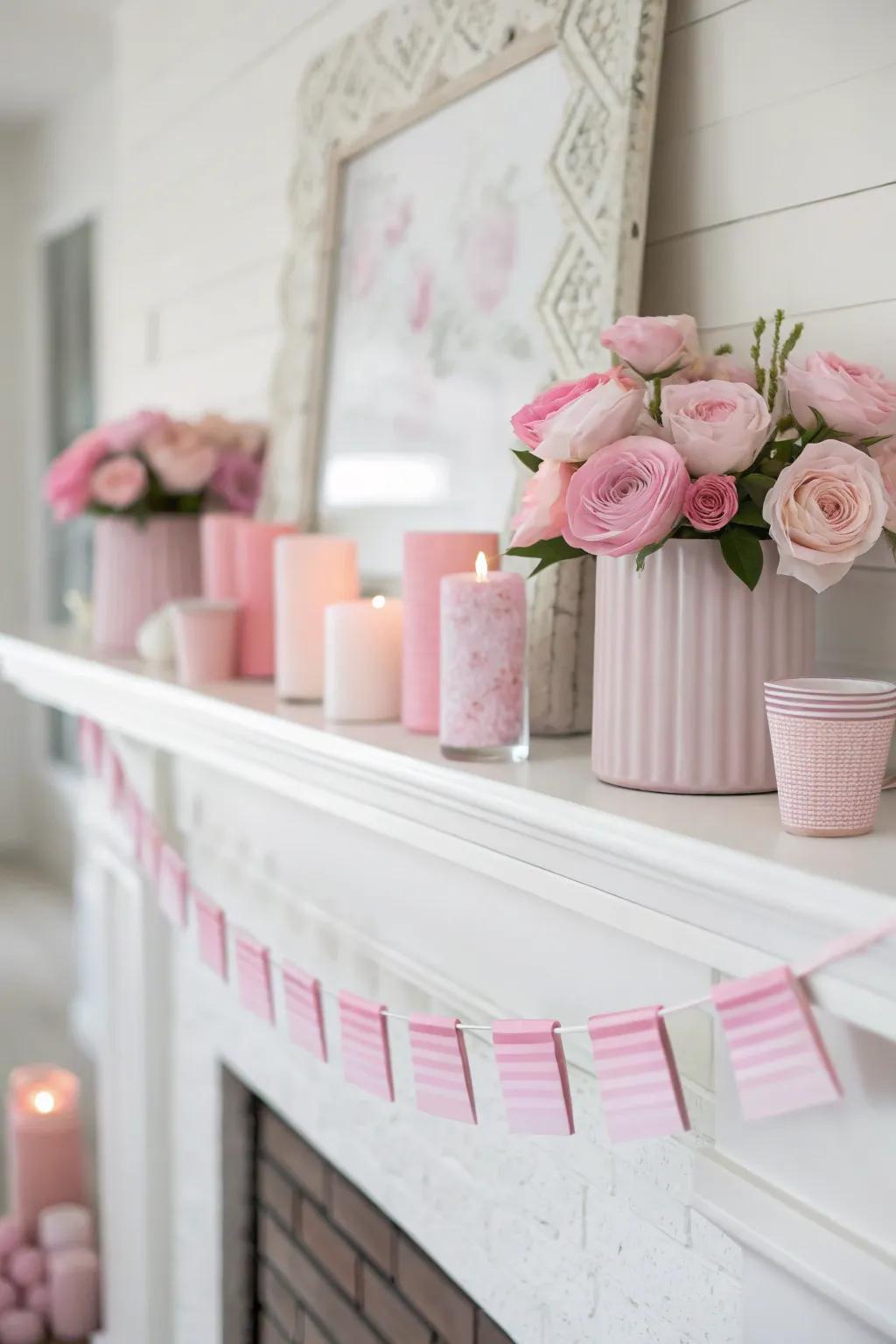 A sleek single-color Valentine's mantel in shades of rose.