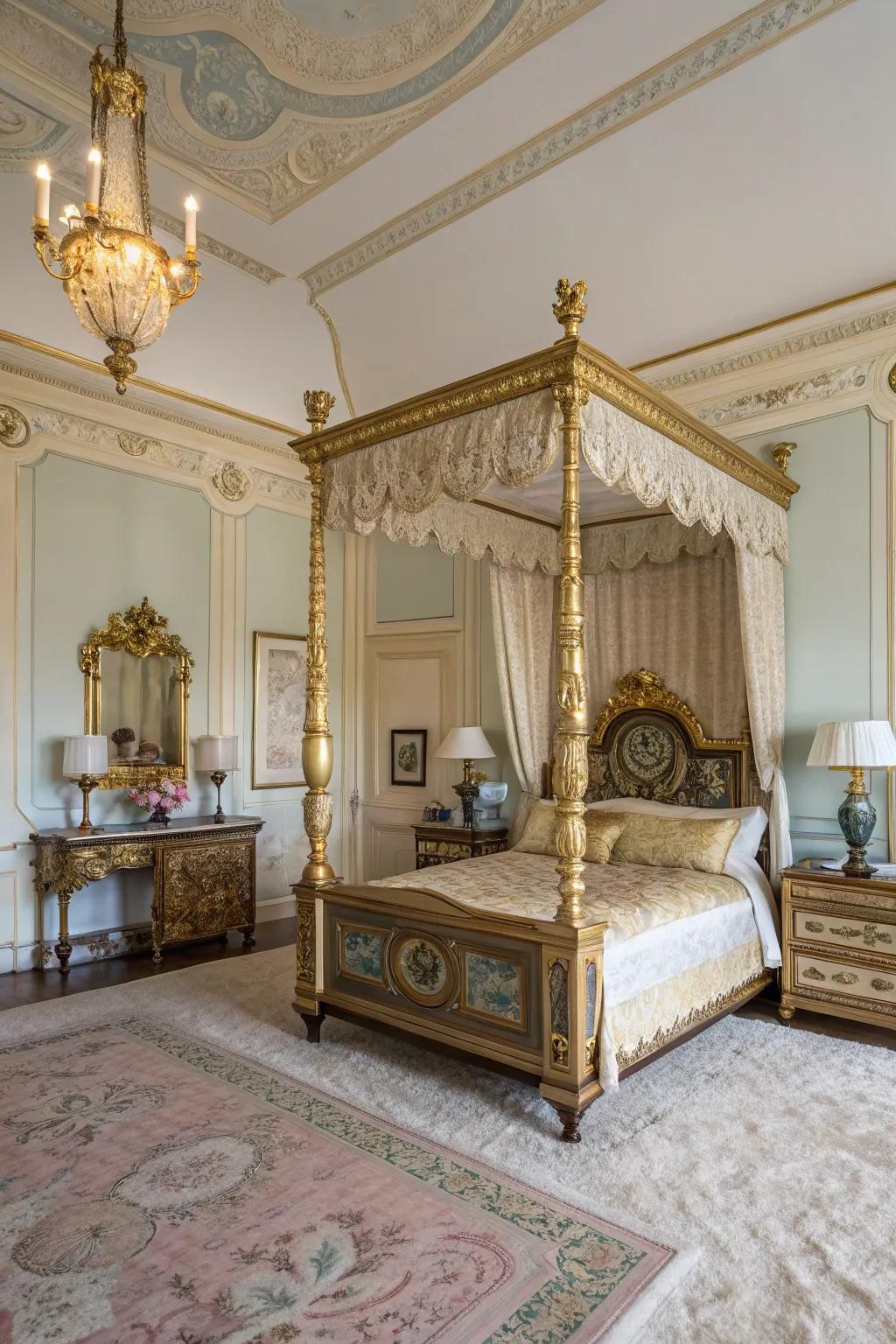 Brass and gilded details contribute a regal touch to Victorian decor.