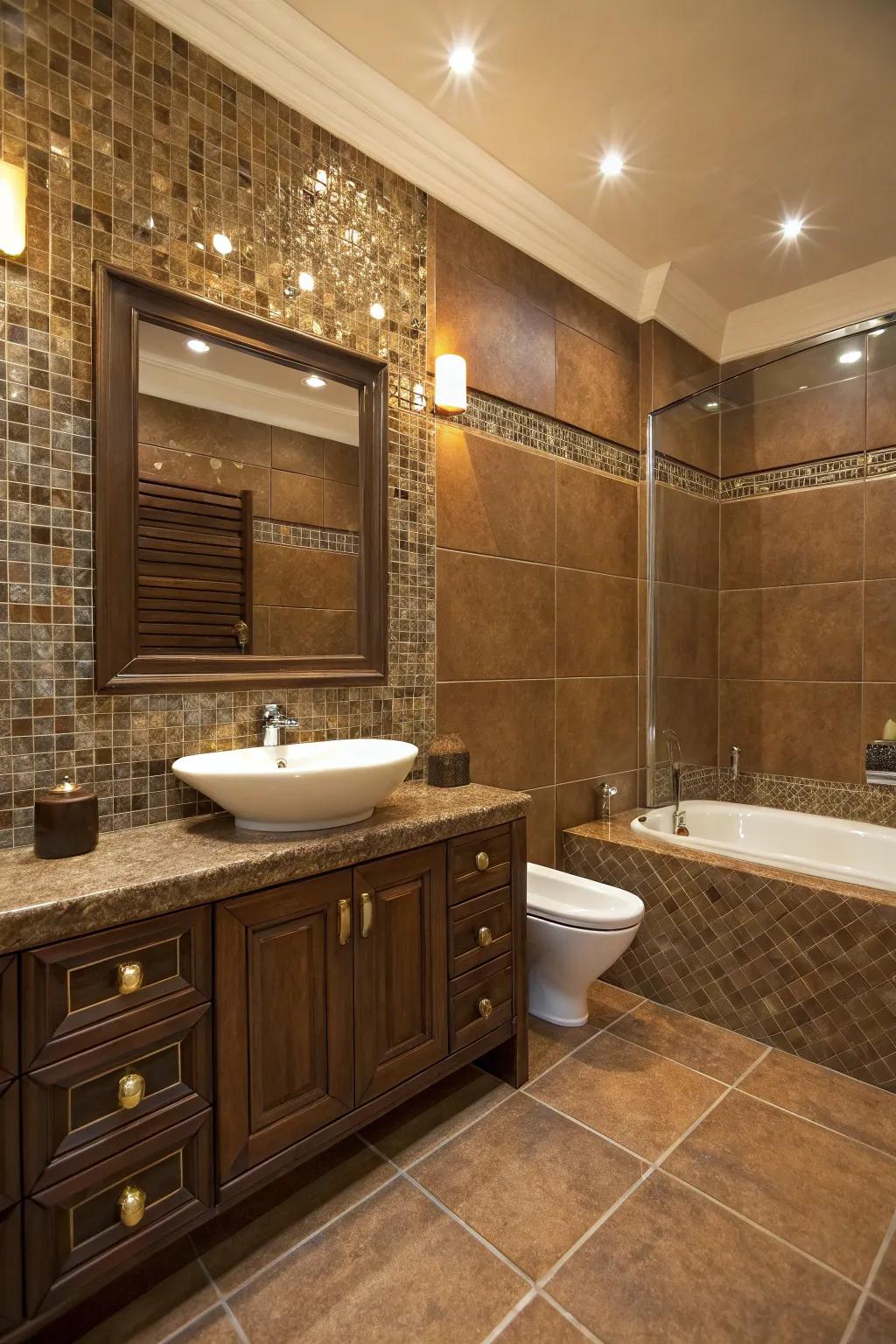 Bronze mosaics infuse luxury and dimension into vintage brown tiles.