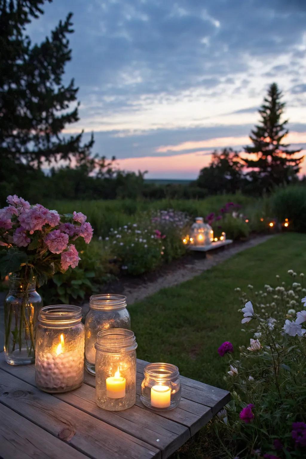 Stoneware jars constitute enchanting lights for garden illumination.