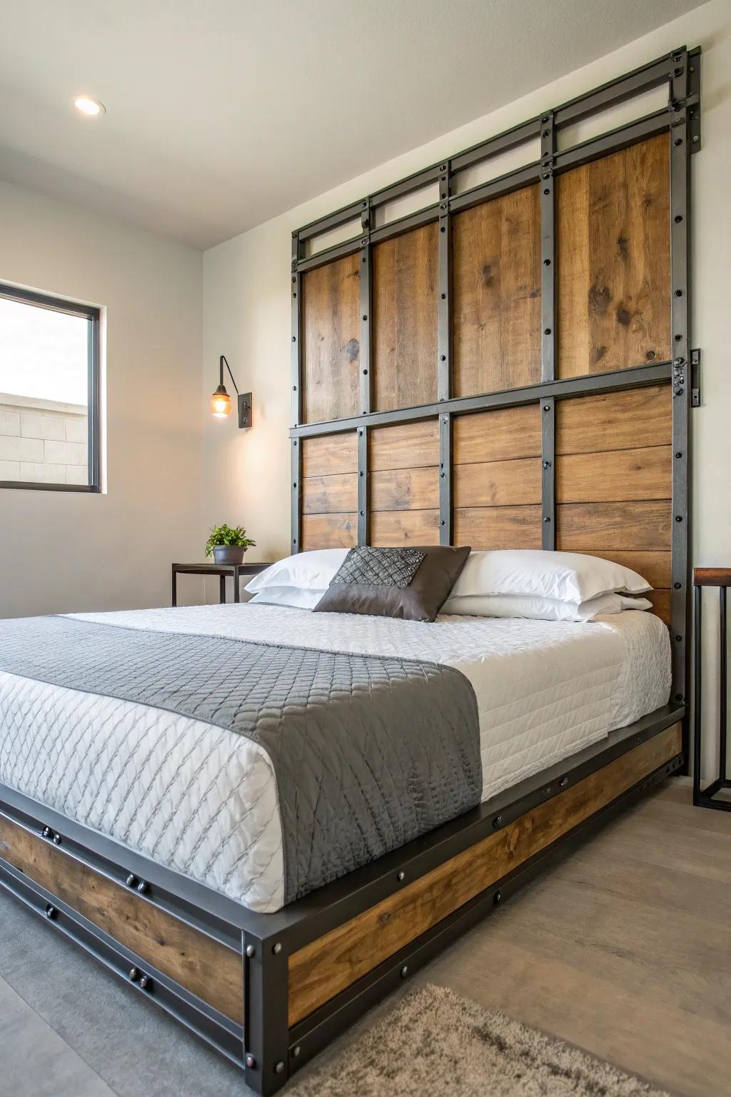 Raw elements enhance your bedroom with an industrial edginess, exuding rugged grace.