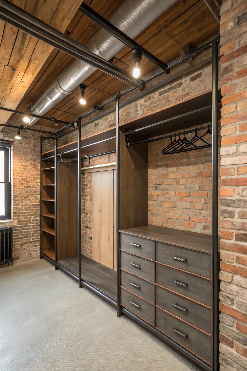 Steel hangers impart industrial panache to wall closets.