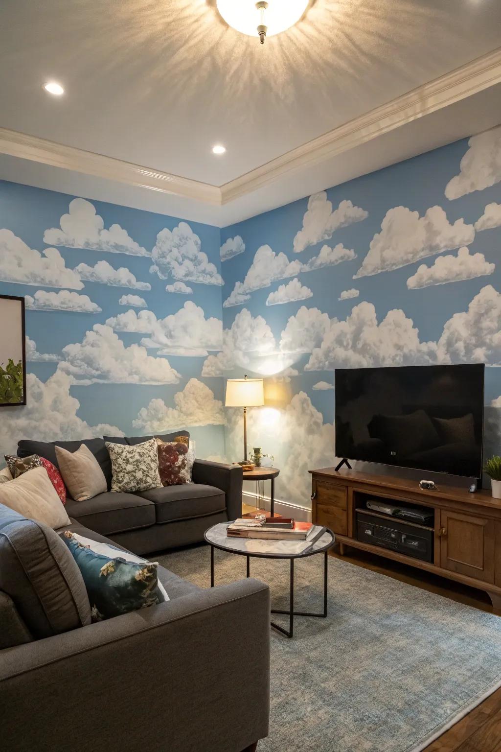 Experience tranquility by using a serene cloudscape mural.