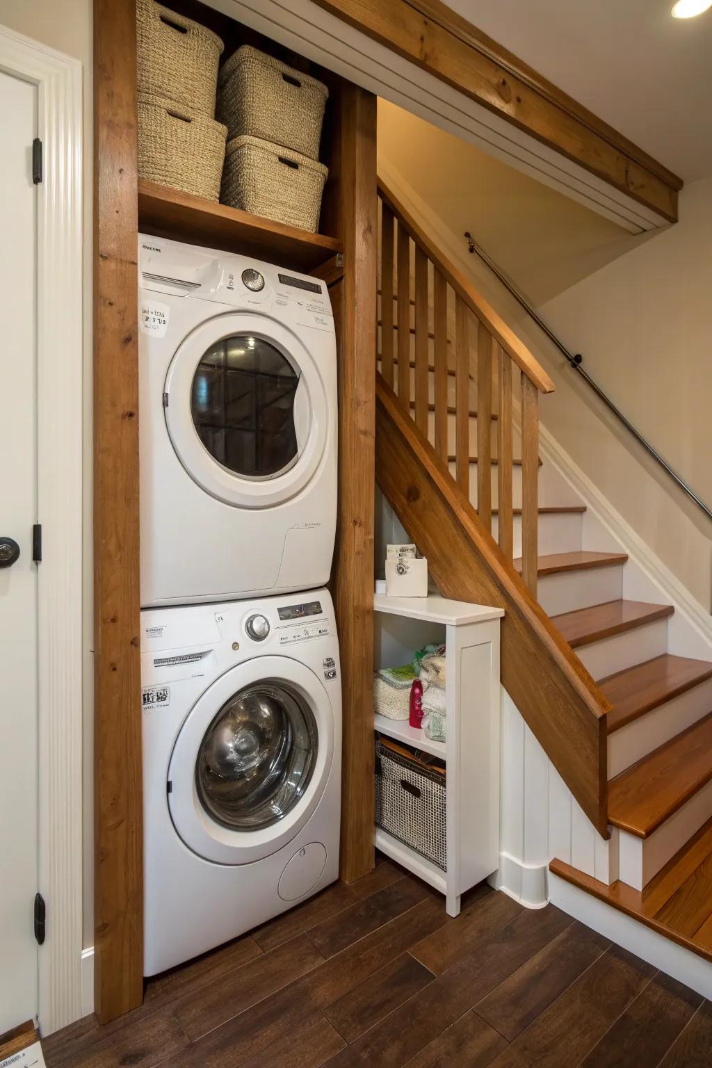 A compact laundry zone beneath the stairs improves efficiency.