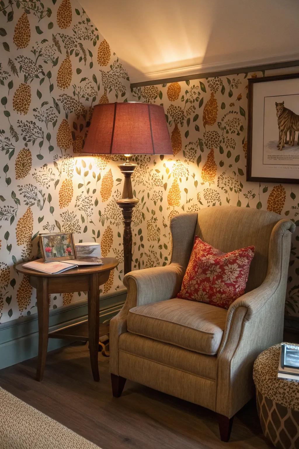 Animal print wallpaper creates a cozy and inviting reading nook.