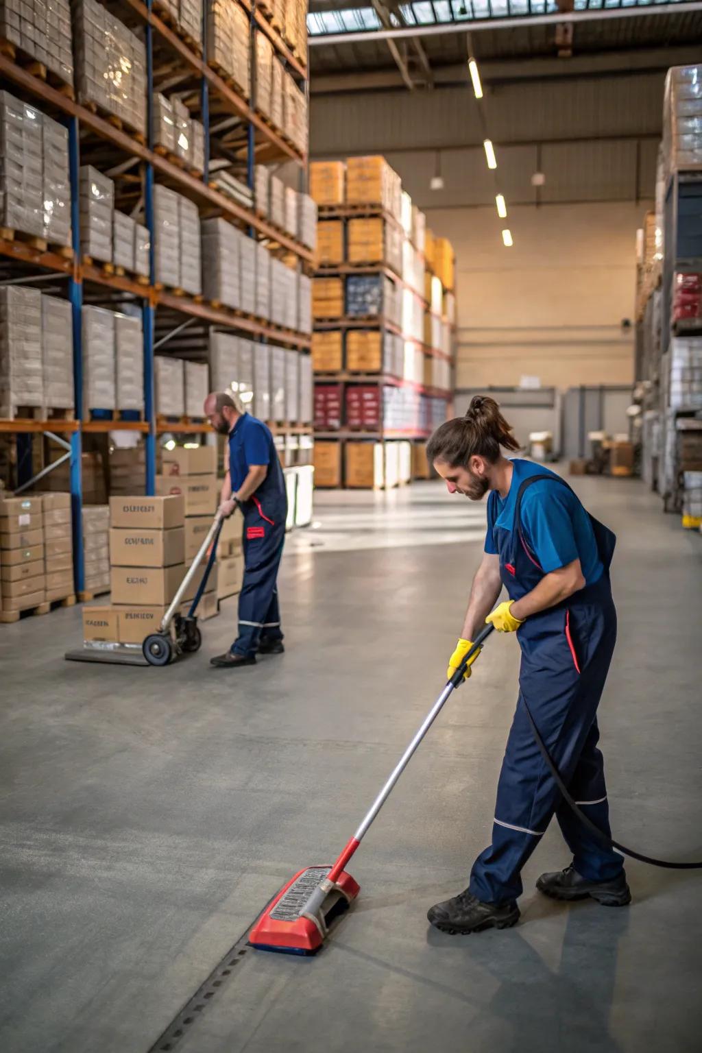 Regular cleaning routines maintain a tidy and efficient warehouse.